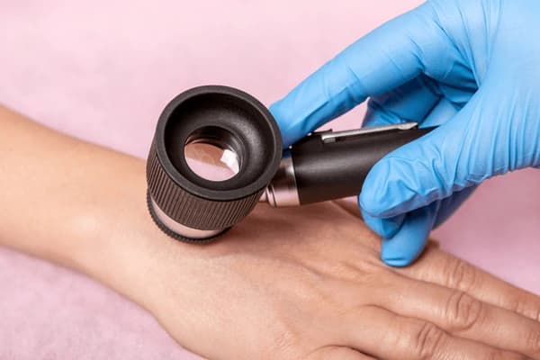 Pirštinėta gydytojo ranka tiria paciento plaštakos odą dermatoskopu apgamų patikros metu.